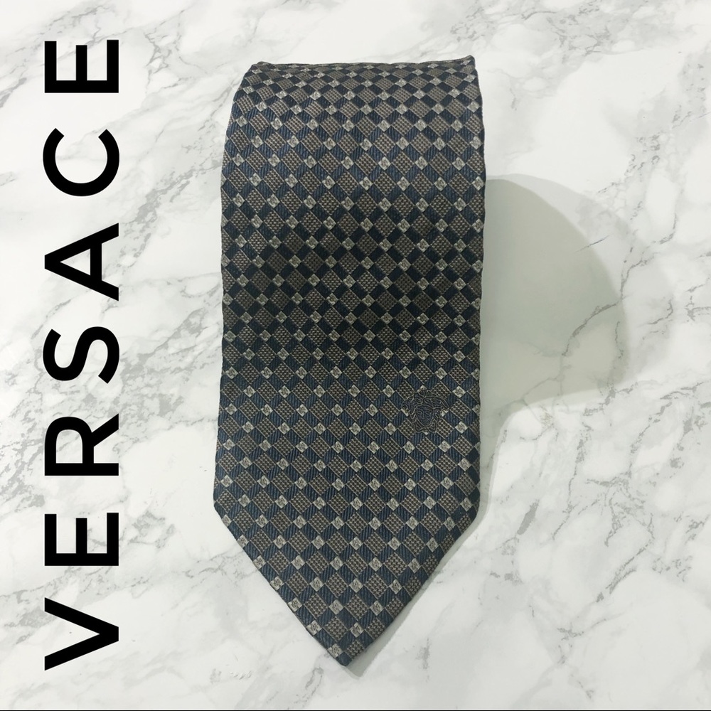 Versace Checkered Navy Blue Grey-Brown Silk Tie